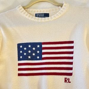 Authentic Ralph Lauren 100% Cotton Ivory White American Flag Classic Sweater Med